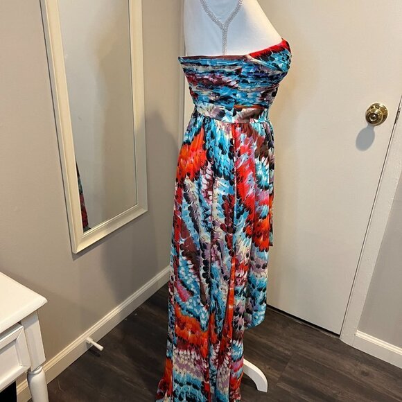 Aidan Mattox Hi Low Feather print strapless chiffon gown, Size 0 - Picture 7 of 15